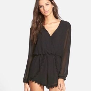 ASTR Lace Trim Long Sleeve Romper in Black Size S
